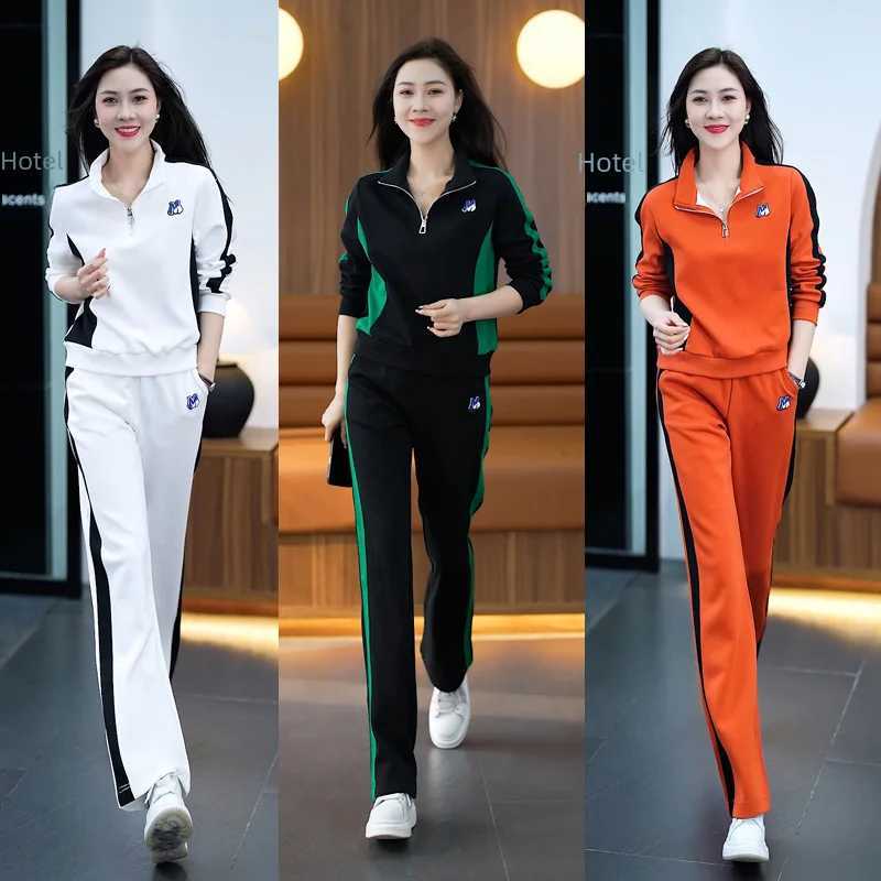 Women's Two Piece Pants Plus Size Womens Spring Autumn 2023 New Fashion Weight Loss Station Collar Sportswear Bell Bottom Casual Sportswear 2-pie