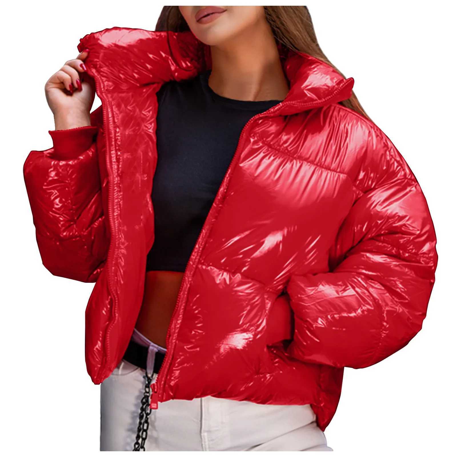 Women's Down Parkas Womens shiny stand up collar winter jacket solid color down jacket long Slve zipper pocket jacket warm jacket Y241019C5XX