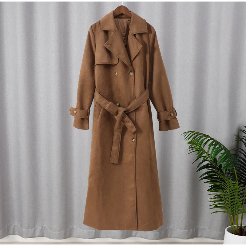 Elegant suede long windproof jacket for women fashionable lapel double button oversized jacket autumn womens jacket 241019