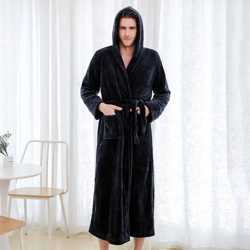 Men Sleepwear Thicken Flannel Bathrobe Gown Loose Robe Winter Warm Kimono Bath Gown Long Peignoirs Shower Robes Home ClothesXJ241018