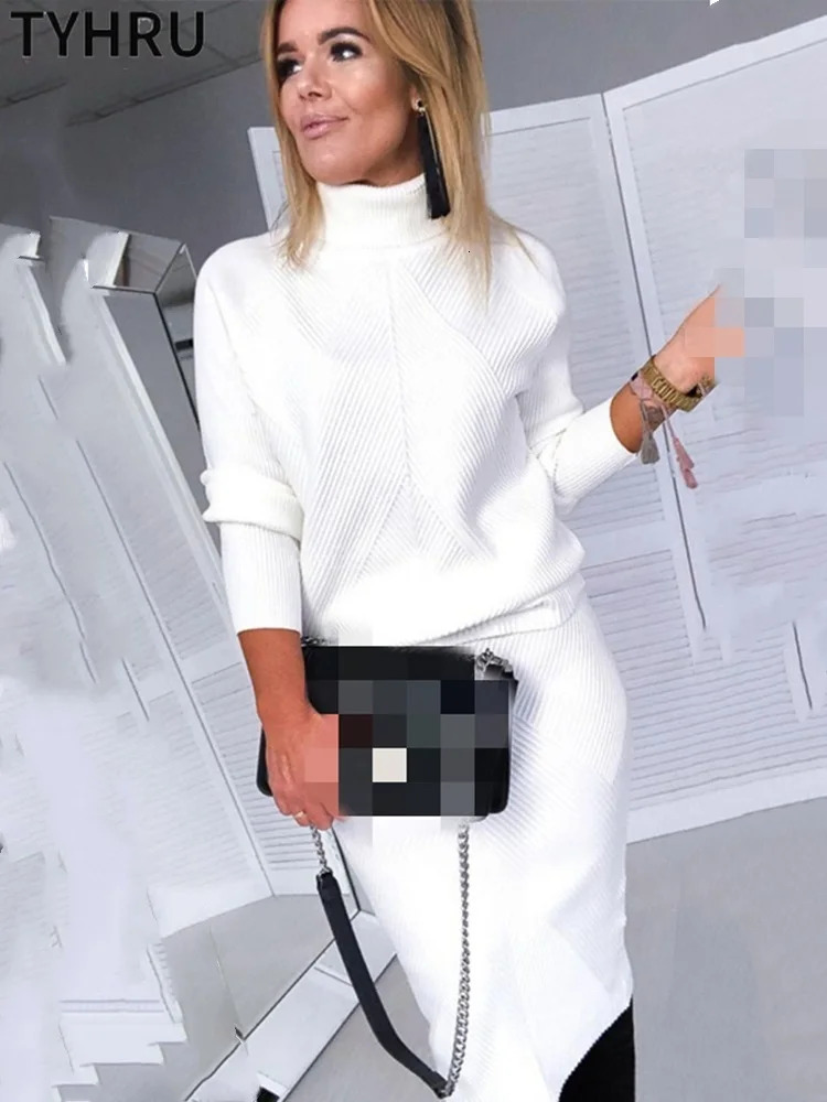 TYHUR autumn womens knitted clothing turtle neck solid color pullover sweaterultra-thin leather two-piece set 241018
