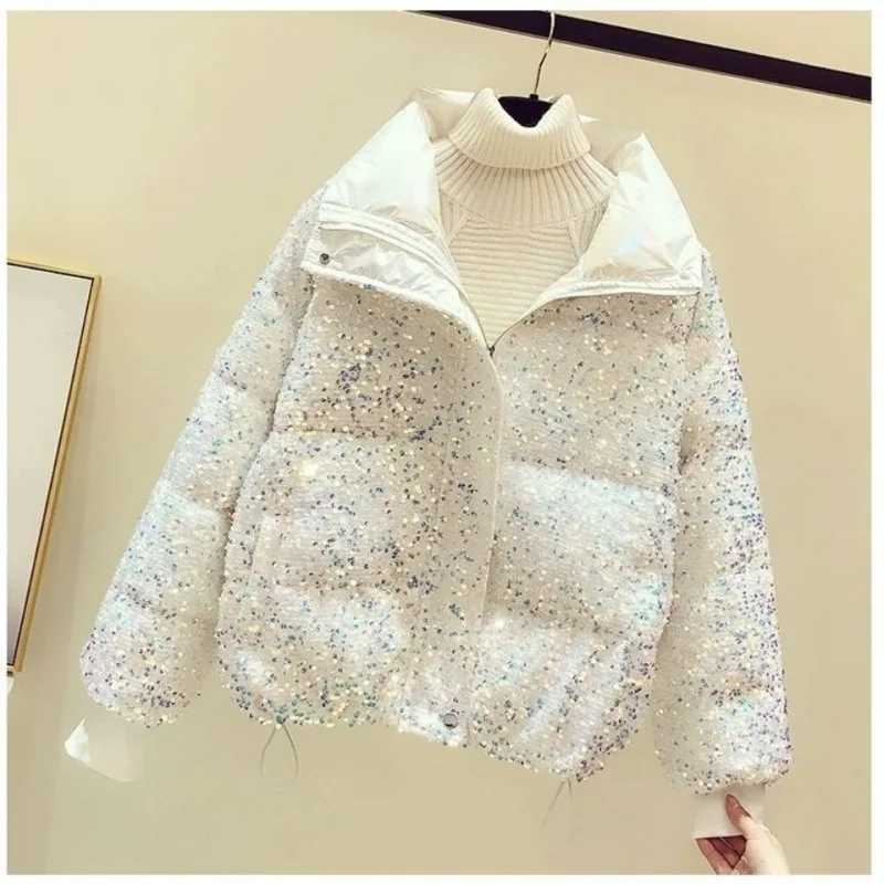 Women's Down Parkas Fashion sequined down cotton jacket womens winter jacket new loose stand up collar short bread jacket warm jacket Y240824KRUZ