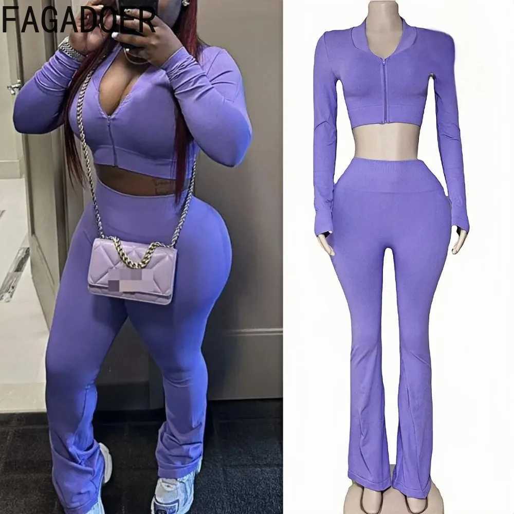 Women's Two Piece Pants FAGADOER Autumn New Quality 2 Piece Sets Outfit Women Long Slve Zip Crop Top + High Waist Flare Pants Suit Sporty Strtwea