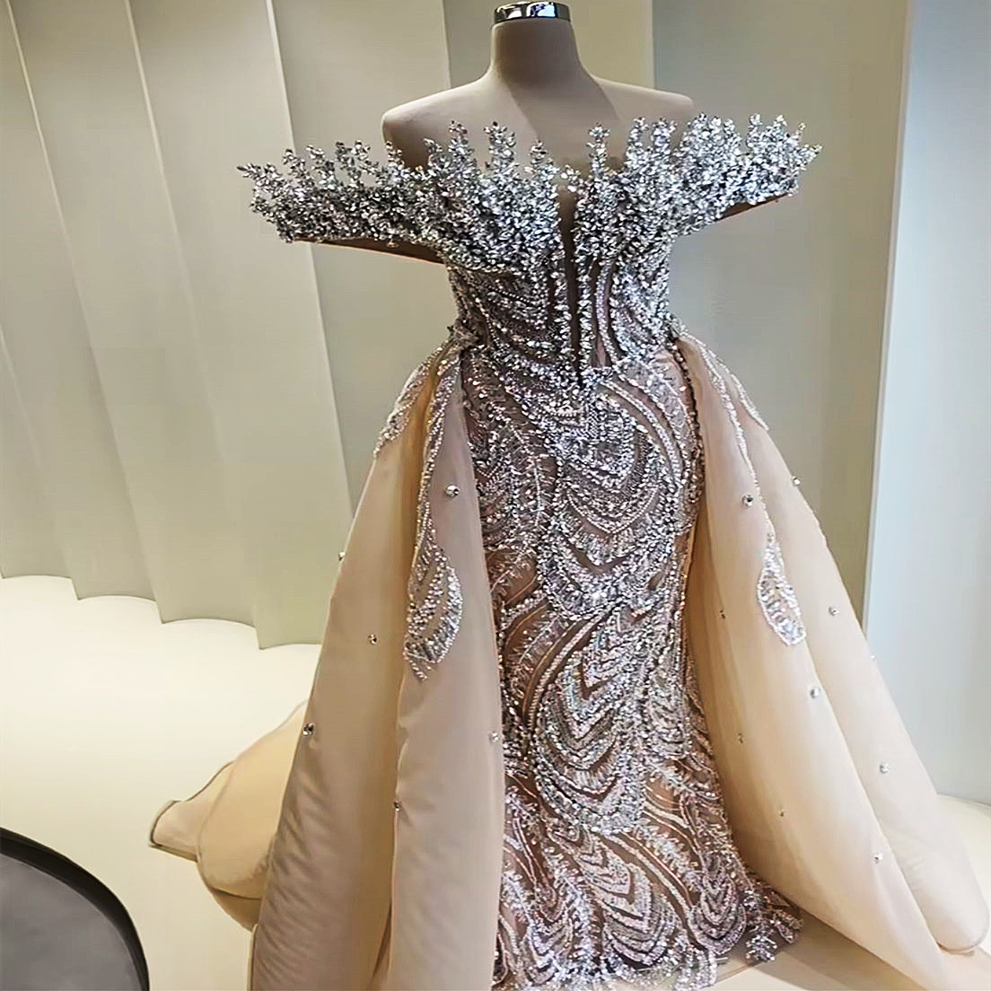 Aso Ebi 2024 Champagne Mermaid Prom Dresses Rhies Detachable Train Evening Formal Party Second Reception Birthday Gowns Dress For Special Ocns