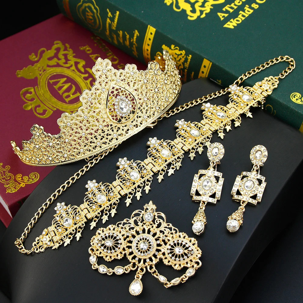 Sunspice Traditional Moroccan Tiaras Crown Gold Algerian Womens Hair Chain Crystal Hair Accessories Bridal Wedding Jewelry 241018