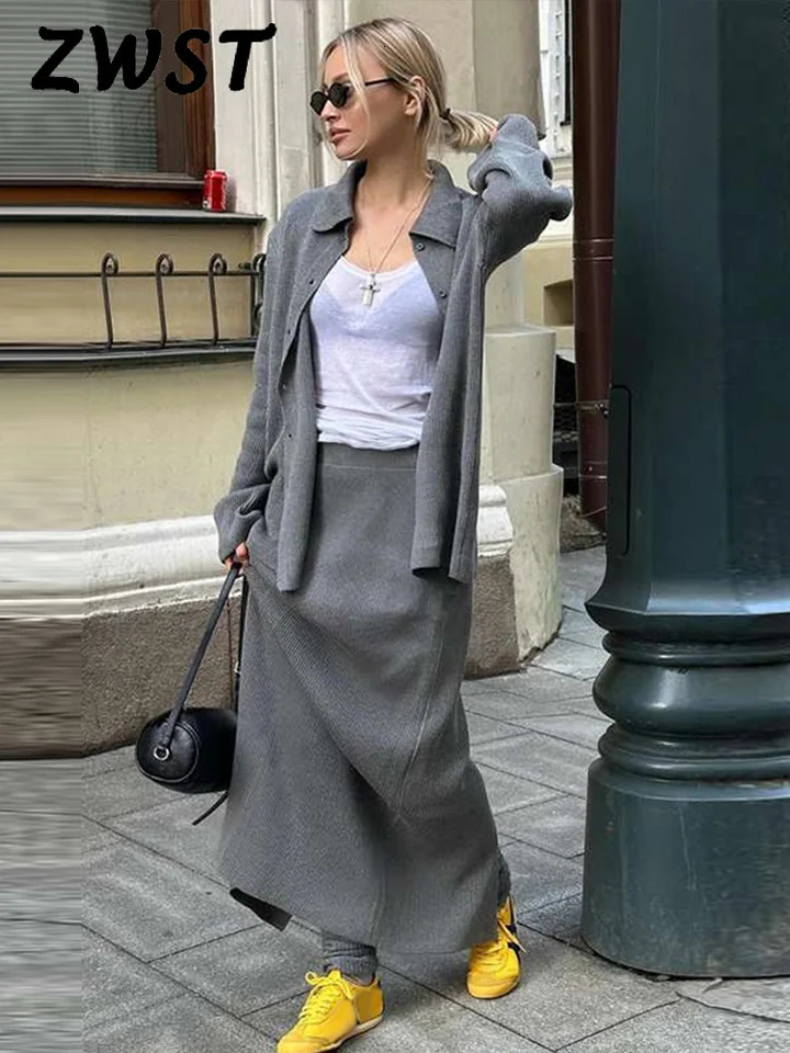 Autumn Knitted Jacket Tight Pants Womens Set 3-Piece Button Jacket Loose Pants Sexy Hip Set Casual Womens Set 241018