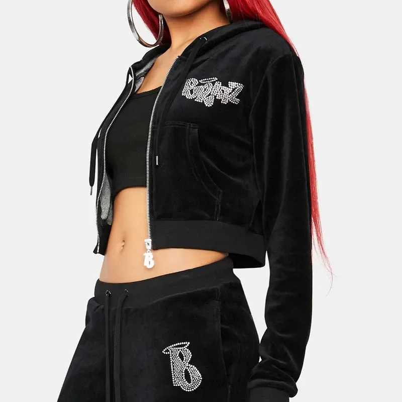 Womens Two Piece Pants Harajuku Womens Zipper Hoodie Oversized Rhinestone Kawaii Jogging BRATZ Printed Sports Pants Y2k Jogging Plush Aesthetic Wome Y