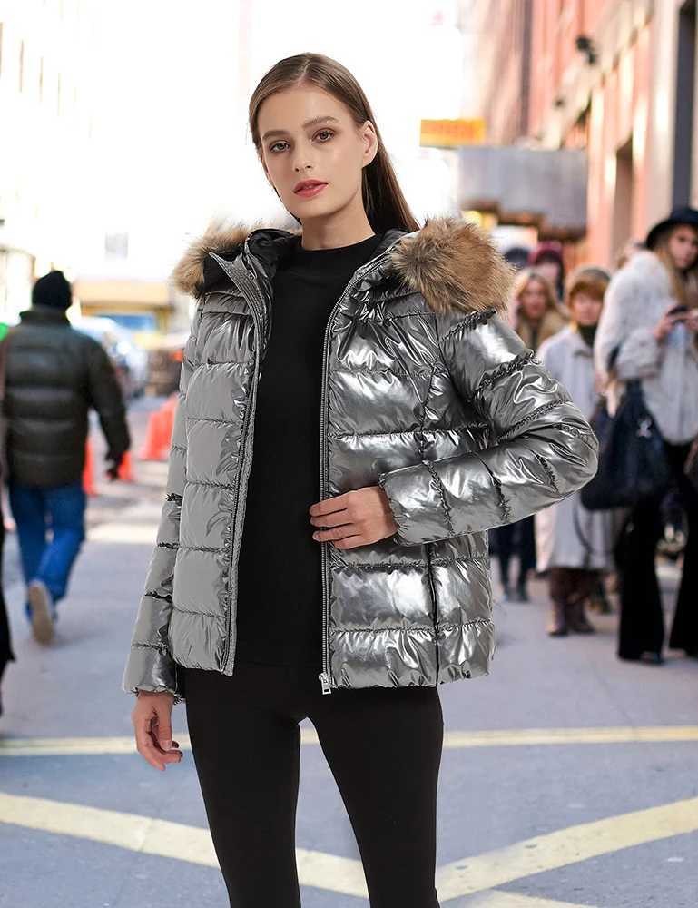 Women's Down Parkas Giolshon Womens Quilted Lightweight Inflatable Jacket Warm Fur Collar Hooded Jacket Womens Shining Patent Parkas Down Jacket 