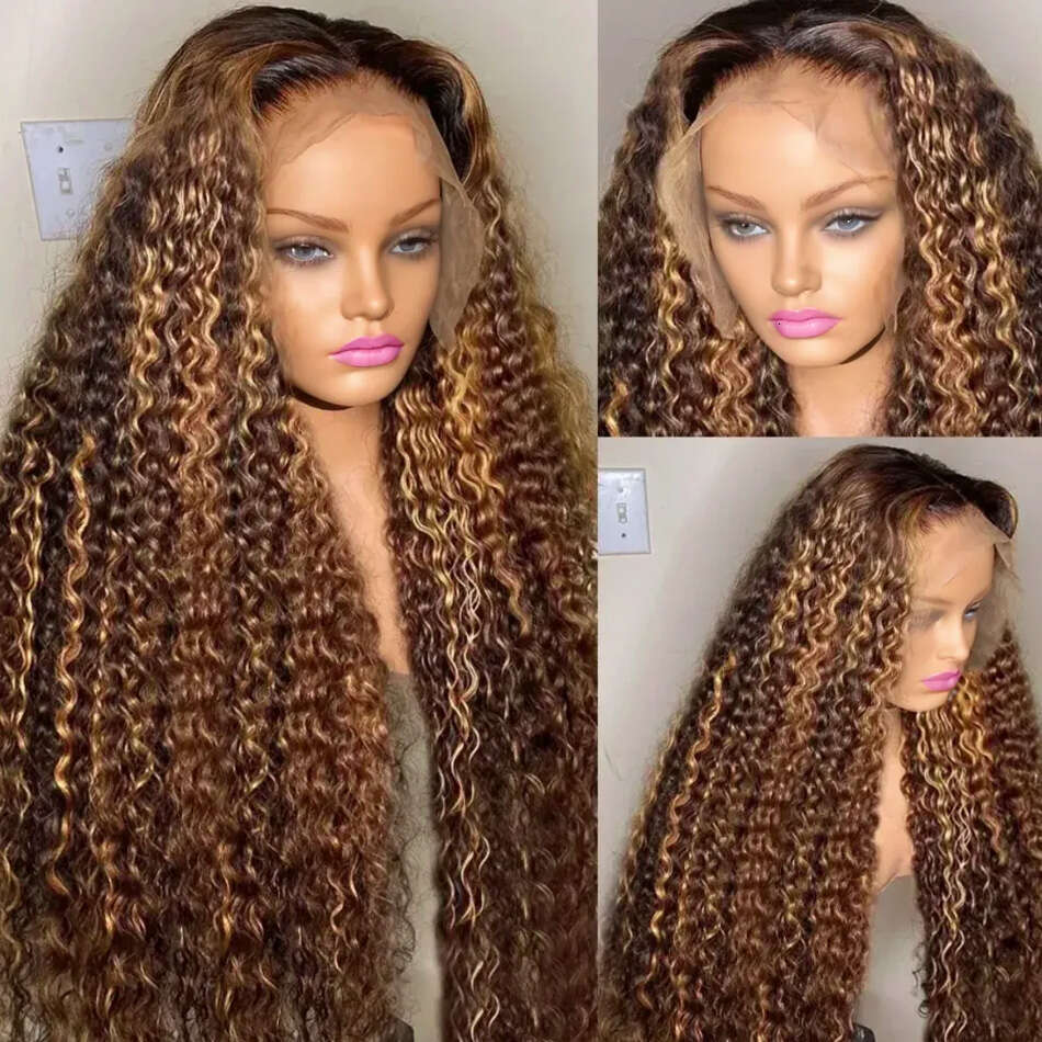 200 Density 40 Inch Highlight Honey Brown Curly HD Lace Front Human Hair 13x4 13x6 Ombre Color Deep Water Wave Frontal Wigs