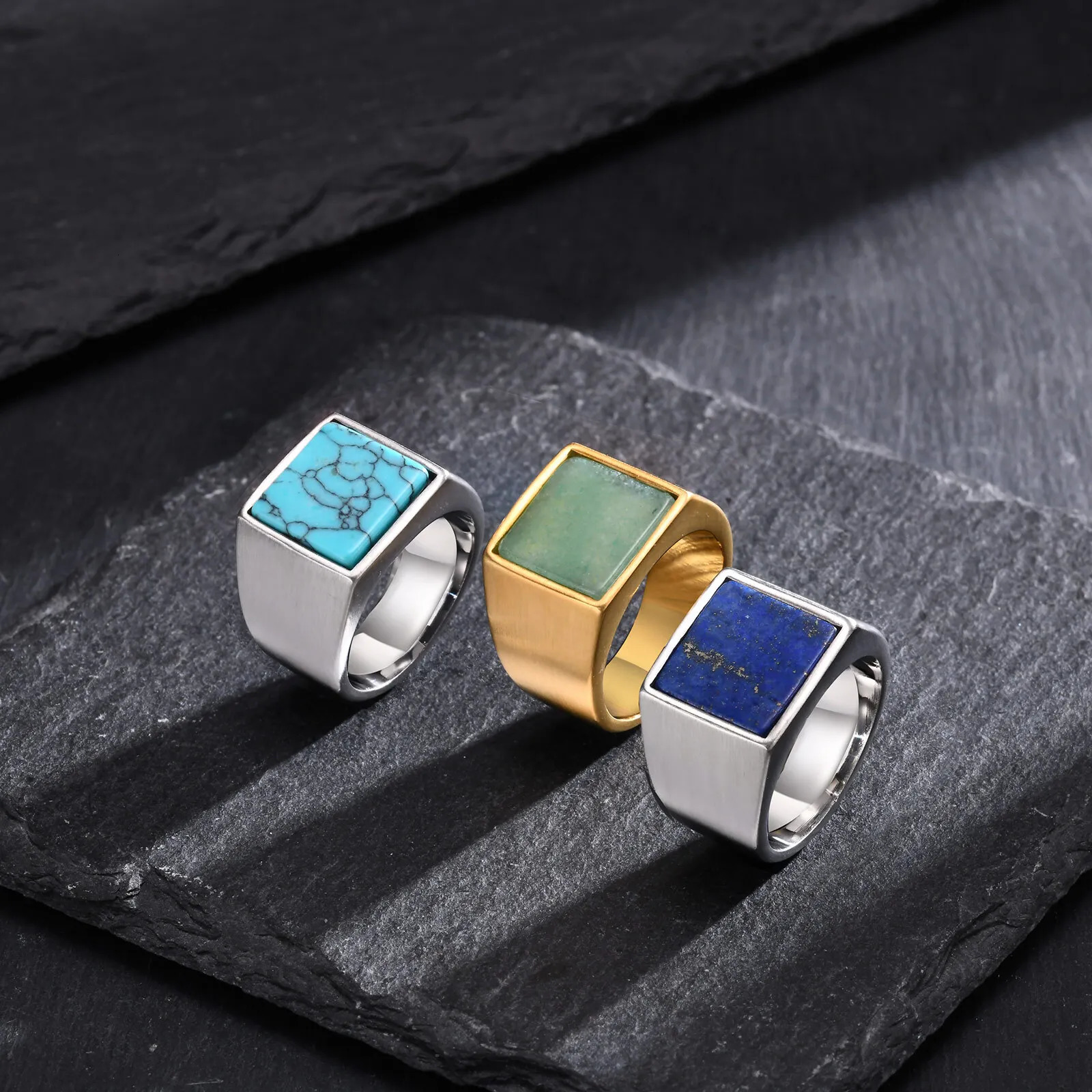 MP Natural Green Stone Ring for Men BoysGold Color Stainless Steel Stamp Thumb Square RingPunk Stylish Jewelry Gift 241010
