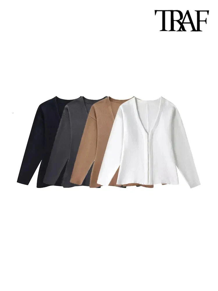 TRAF womens front hook fit knitted cardigan V-neck long sleeves side split hem womens coat fashionable top 241018