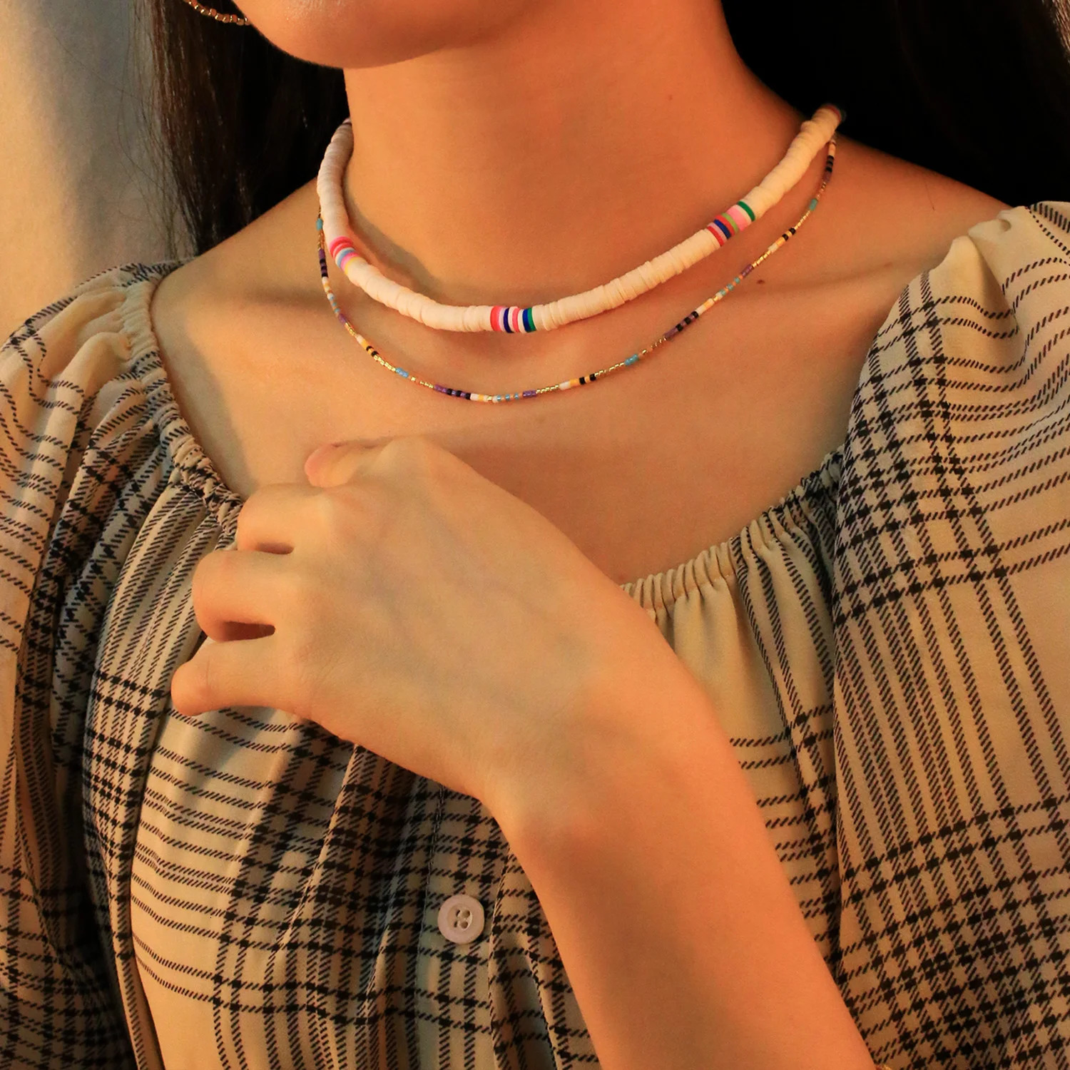 KELITCH Bohemian Womens Necklace Heishi Beaded Necklace Handmade Rainbow Color Necklace Polymer Clay Fashion Jewelry Wholesale 241018