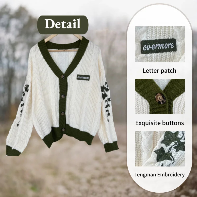 3XL Evermore cardigan wool womens vine embroidered sweater fashionable floral folk knitted cardigan wool sweater plus size letter patch sweater 241019