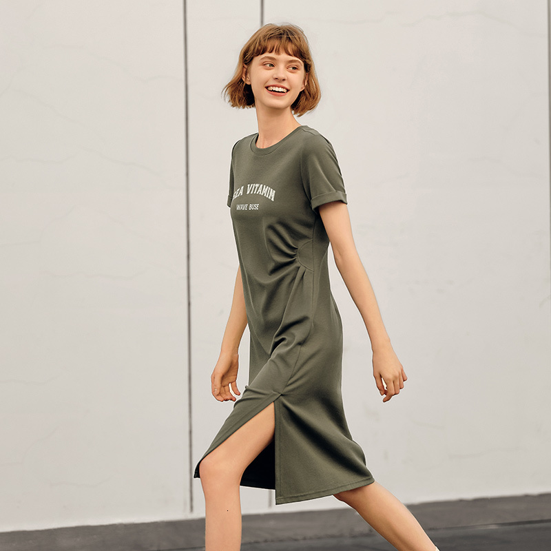 Semir Women Vintage Casual Midi 2024 Summer New Letter Print Split T-Shirt Dress
