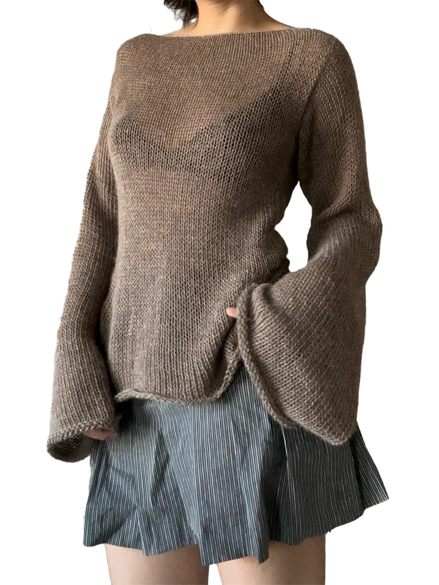 Y2K Tie Back Sweaters Women Long Sleeve Boat Neck Solid Color Knitted Pullover Casual Crochet Tops Fall 241010