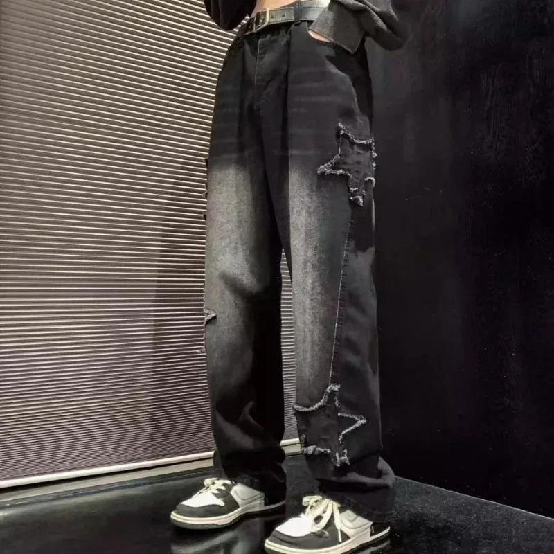 Mens Star Embroidered Loose Fashion Jeans Y2K Street Hip Hop Stretch Soft Straight Wide Leg Denim Mens Trouser 241019