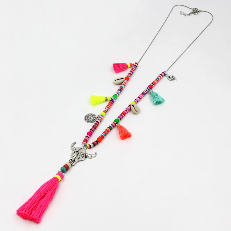 Womens statement necklace polymer clay chain alloy cow head tassel pendant necklace Bohemian jewelry womens sweater chain 241018