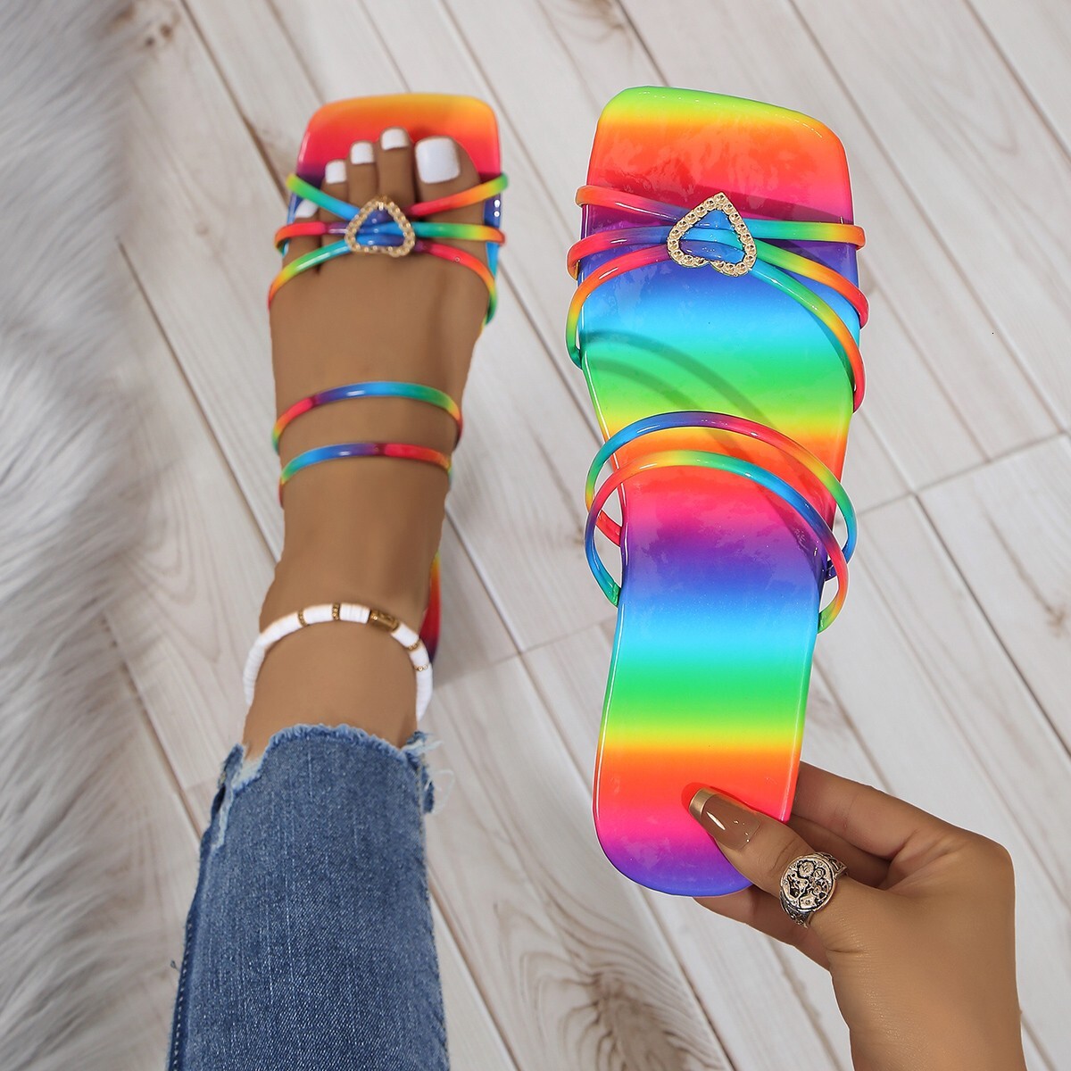 Wind Women S Sandals Summer Square Toe Fashionable Love Buckle Large Size Flat Bottomed For Ddmywed ddmythur