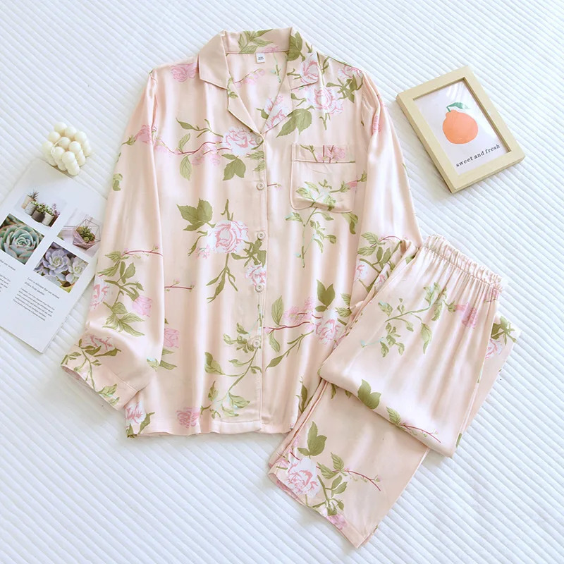 Spring/Summer Womens Pajama Set Gongsatin Cotton Womens Pajama Silk Adhesive Fiber Silk Smooth High end Home 2-piece Set 241009