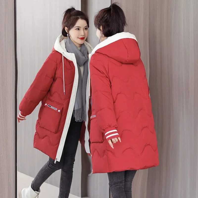 Down Padded Cotton Jacket Womens 2023 New Winter Loose Korean Long Hooded Padded Coat Padded Jacket Thickened Coat Blue YellowX241019