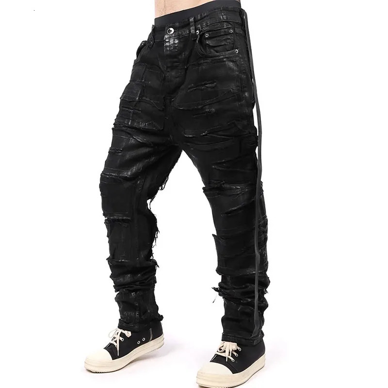 Dark Coating Wax Brushing Erosion Hole Jeans Men Ripped Casual Denim Pants Street Hip Hop Black Trousers 241010