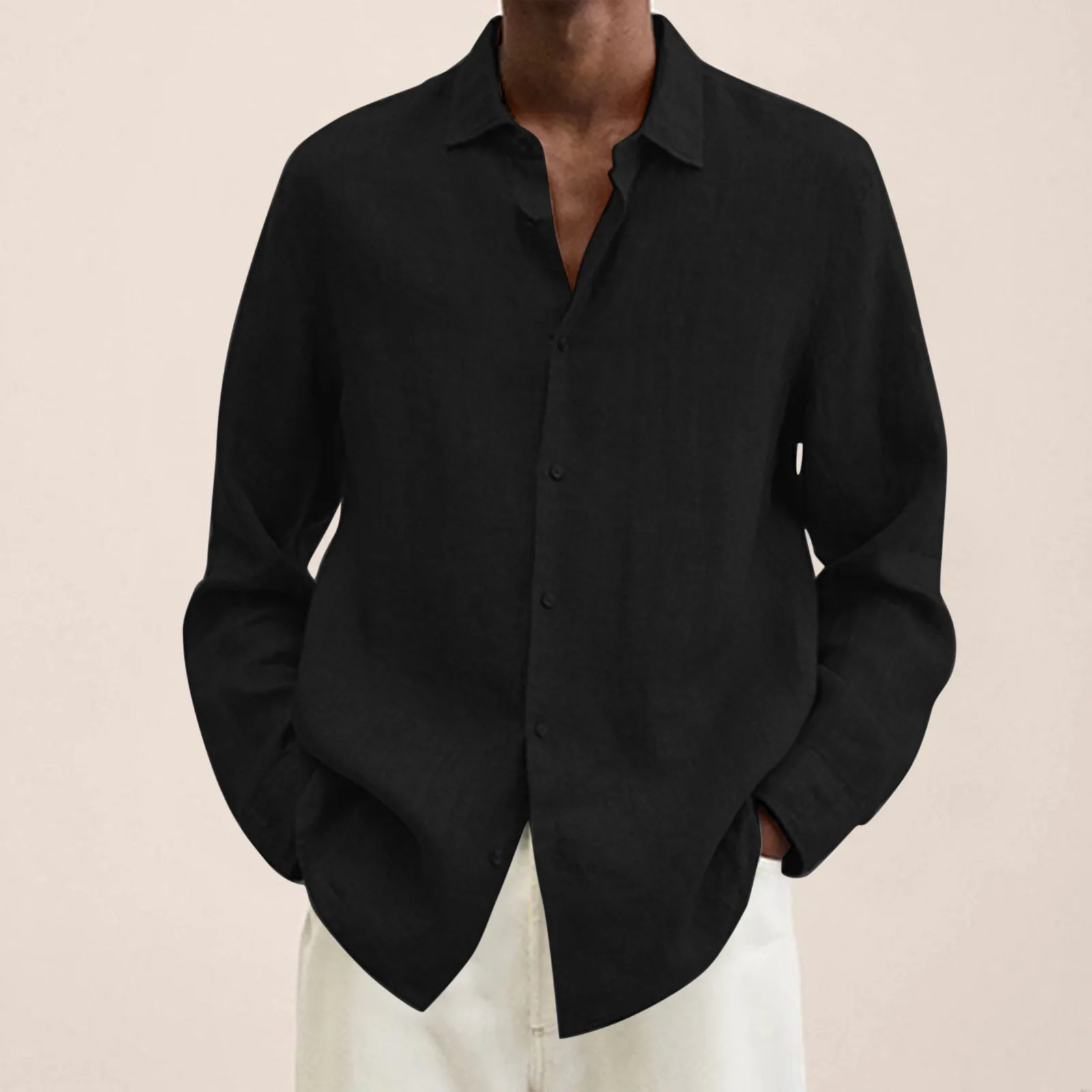 Pure Blue Cotton Linen Shirt Tops Casual Plus Size Loose Mens Turn Down Collar Long Sleeve MenS Work Breathable Cardigan 241007