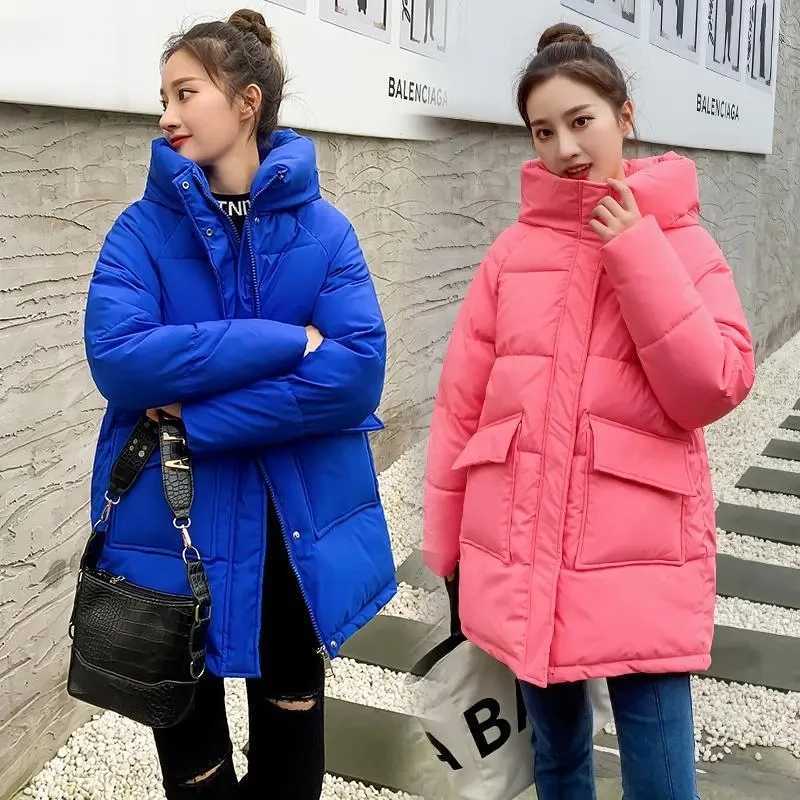 Womens jacket winter cotton-padded warm coat 2023 fashion long pocket hooded parka South Korea loose womens wearX241019
