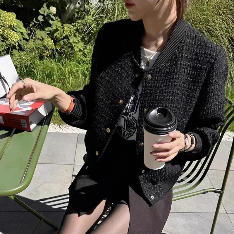 Botton Stand Collar Tweed Bomber Jacket Women Autumn Corta Vento Feminina White Black Winter Korean Casual Loose Oversize Veste 241019