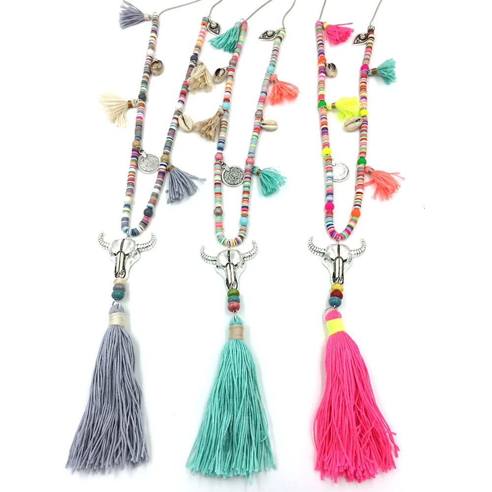 Bohemia chic necklace Xizang buffalo head cow head pendant necklace pink cotton tassel pendant polymer clay chain necklace 241018