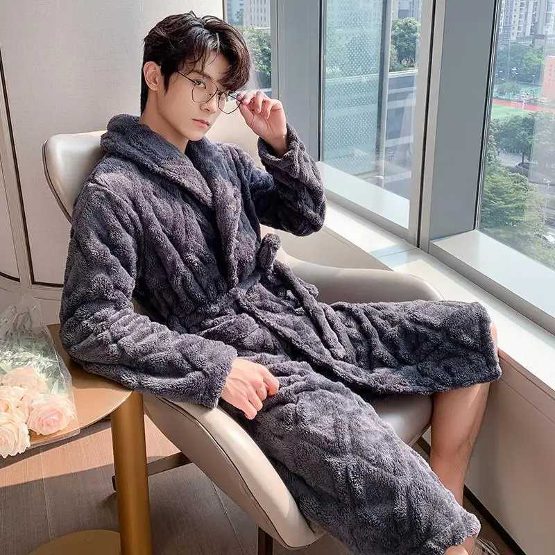PLUS SIZE 3XL Winter Men Kimono Bathrobe Gown Thickened Flannel Robe Sleepwear Grey Warm Coral Fleece Home Wear Loose LoungewearXJ241018