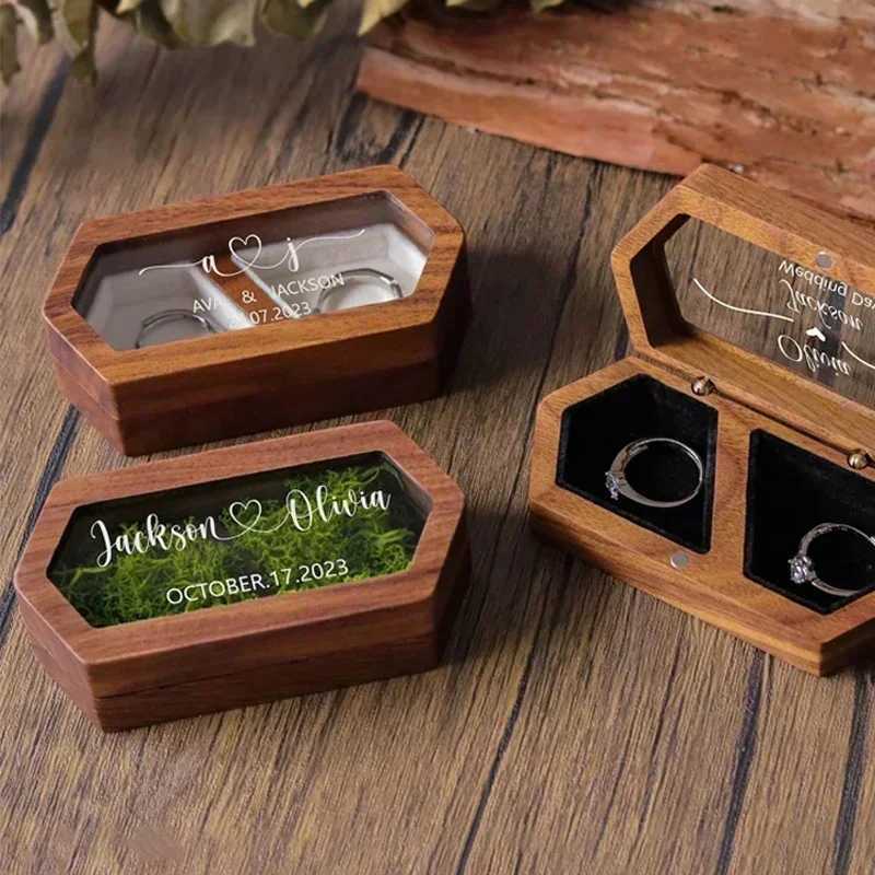 Free customized personalized walnut ring box carved engagement and wedding ring holder for couples brides and grooms W241019