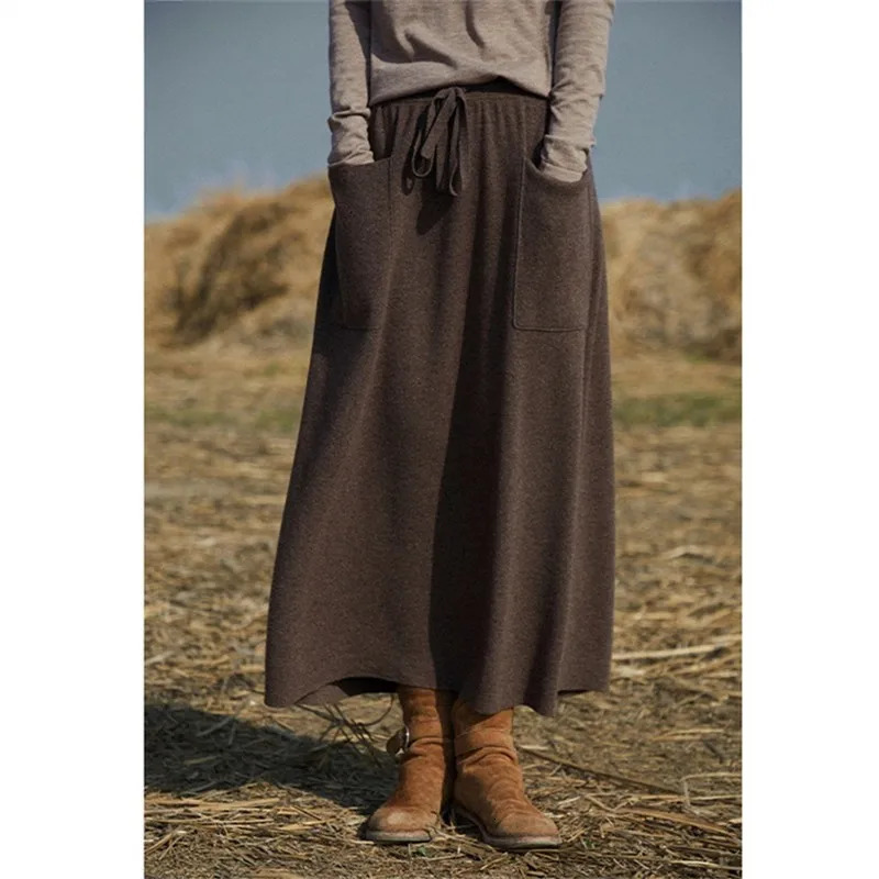 AutumnWinter Cashmere Double Pocket Retro Dress Art Style Versatile Womens Long Skirt 241019