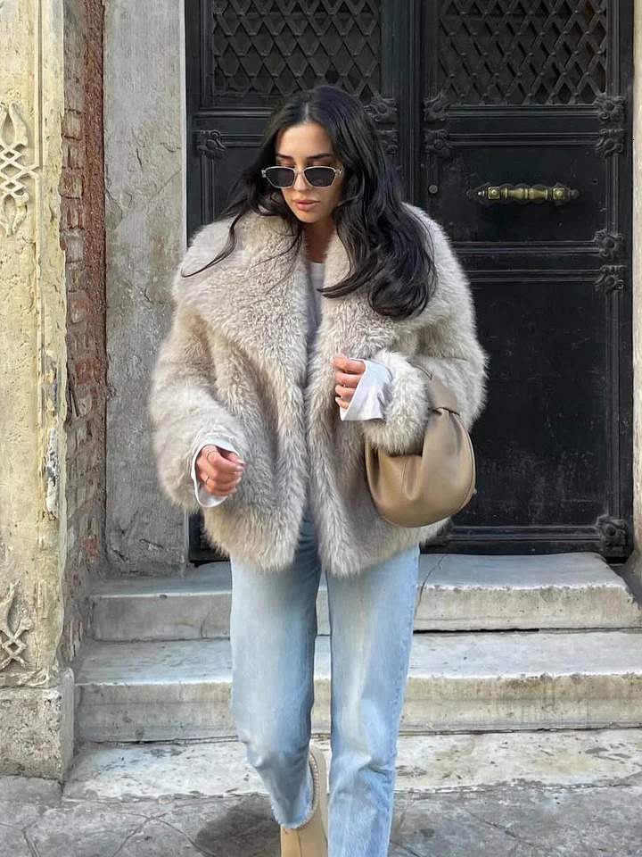 DUOPERI Womens Fashion Winter Solid Thick Warm Artificial Fur Coat Flip Collar Long Sleeve Womens Fashion Womens Casual Set 241018