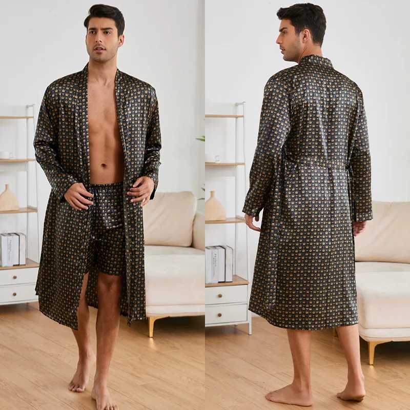 Mens Long Robe Pajamas Two Piece Set Print Tiger Ice Silk Sleepwear Kimono Bathrobe Gown Loose Casual Homewear Lounge WearXJ241018
