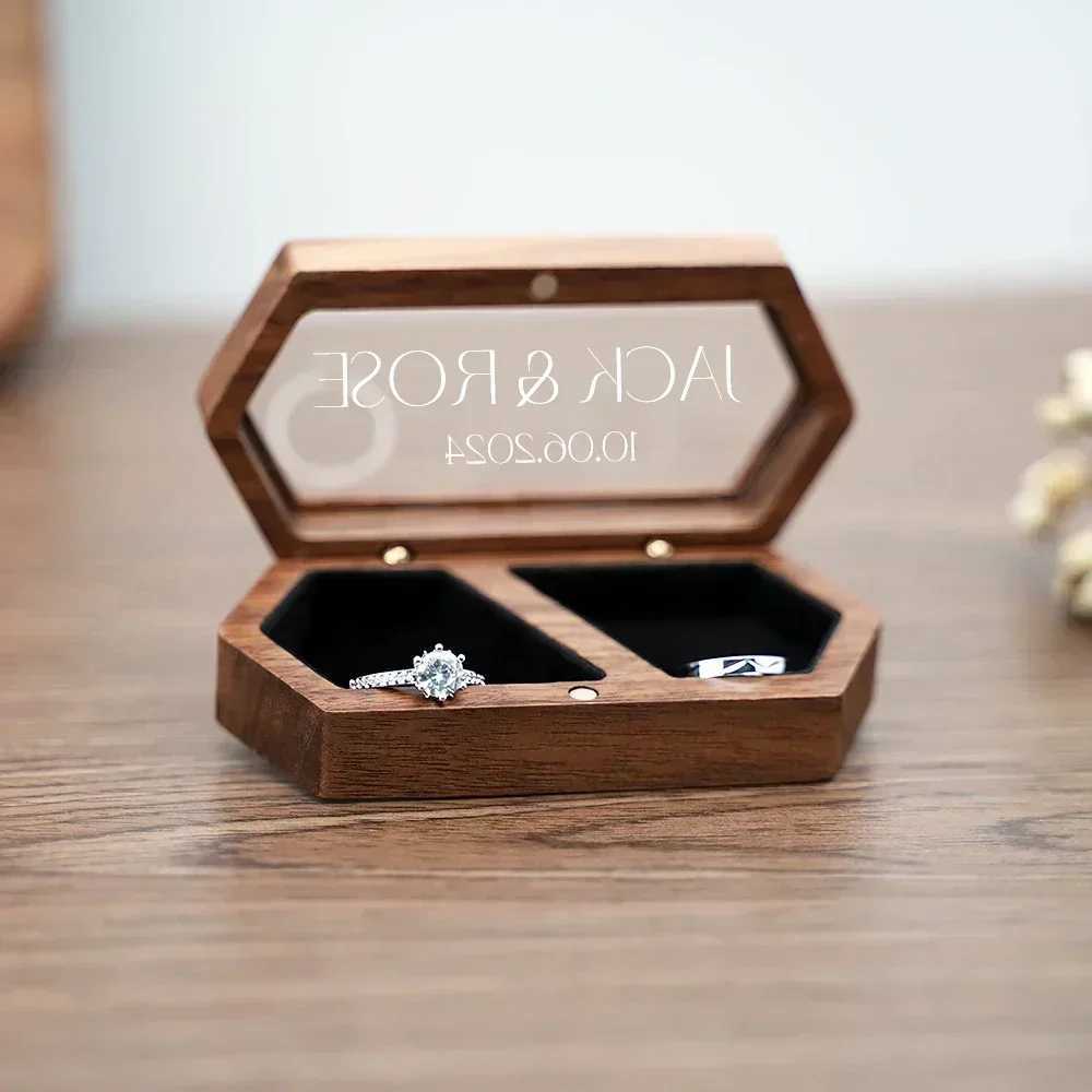 Free customized personalized walnut ring box carved engagement and wedding ring holder for couples brides and grooms W241019