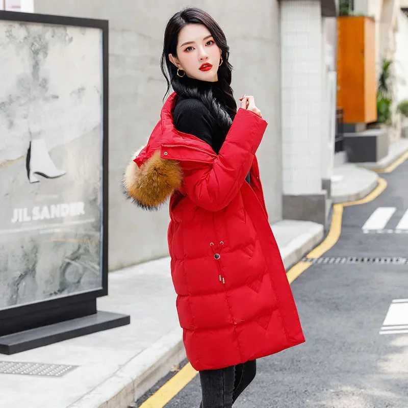 Parkas Women 2024 Winter New Fashion Slim White Duck Down Coat Female Thick Fur Collar Hooded Warm Large Size Long Down JacketX241019