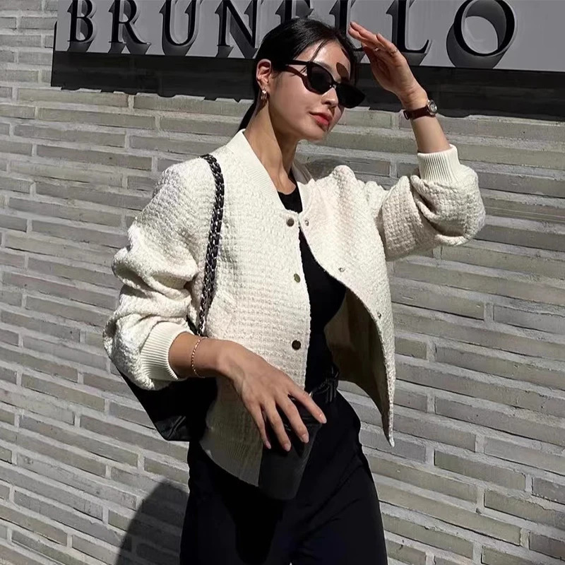 Botton Stand Collar Tweed Bomber Jacket Women Autumn Corta Vento Feminina White Black Winter Korean Casual Loose Oversize Veste 241019