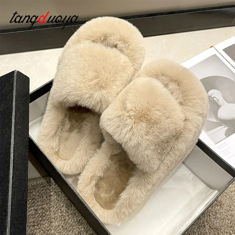 Short and chubby platform fur slider womens autumn thick soled fur outdoor slider womens short plush er shoes 241018