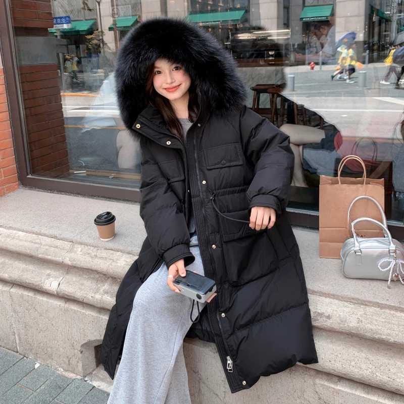 Womens Winter Jacket Hooded Puffer Coats Large Fur Collar Windproof Thick Warm Parka Simple Casual High-end Stylish Down JacketX241019