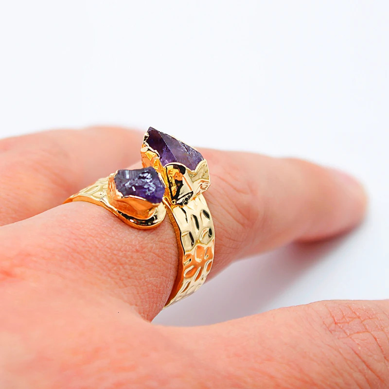 Irregular Amethyst Open Ring for Women Girls Goldcolor Double Side Raw Stone Finger Jewelry Resizable 241010