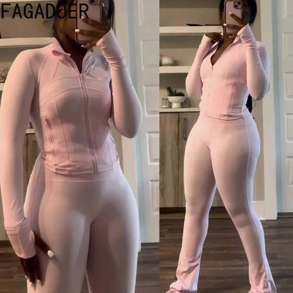Women's Two Piece Pants FAGADOER Casual Solid 2 Piece Set Outfit Women Long Slves Jacket and High Waist Flare Pants Sports Suits Autumn Winter Ne