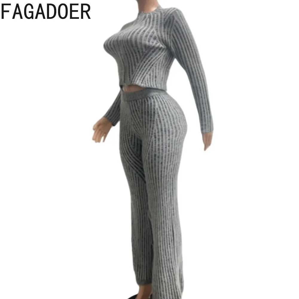 Women's Two Piece Pants FAGADOER autumn new knitted casual 2-piece set womens solid zipper ultra-thin crop top and Flare pants set womens clothin