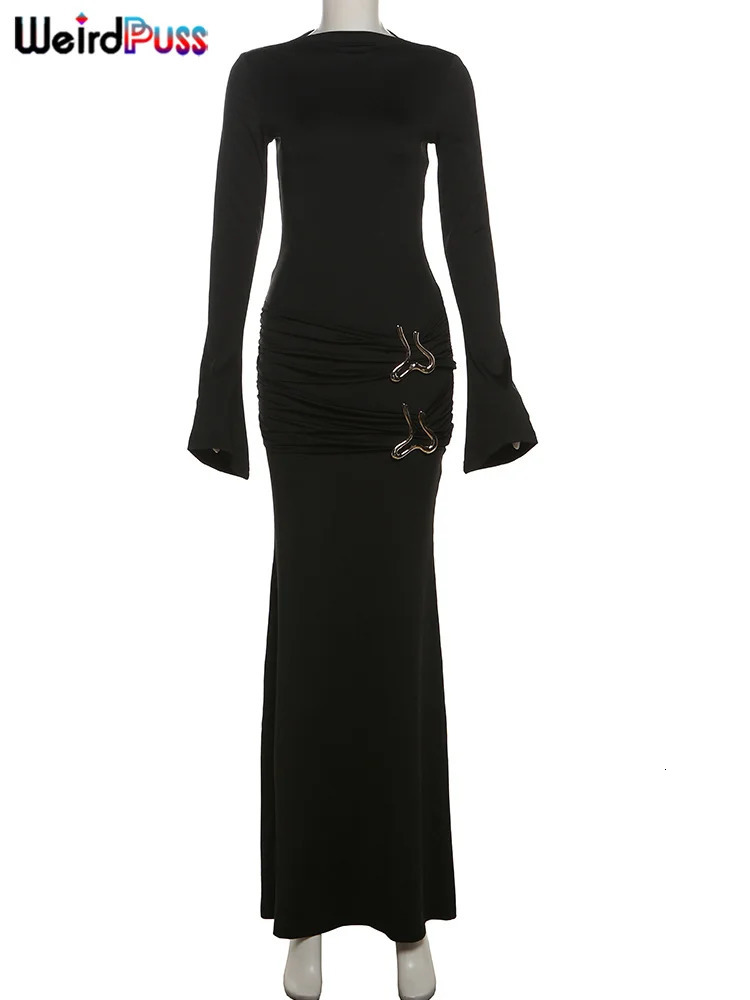 Weird Puss Elegant Vintage Dress Women Fall Flared Full Sleeve Metal Buckle Pleats Solid Casual Simple Trend Skinny Long Bodycon 241010