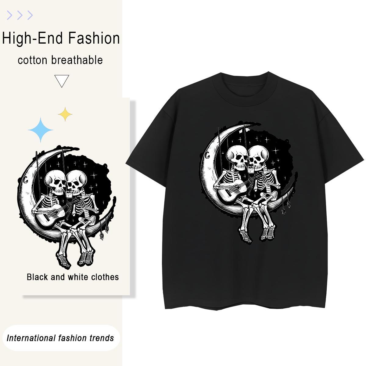 Fashion Women T Shirts 230g Cotton Breathable Spring Summer moon Unisex Tshirts Popular Black White Clothes Shirt