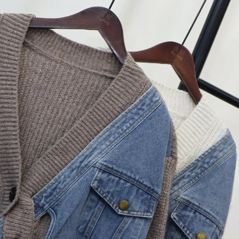 2024 Women Denim Sweater Cardigan Cross Kintted Button Loose Spring Autumn Vintage Winter Streetwear Y2k Jumper Coat Cardigans 241010