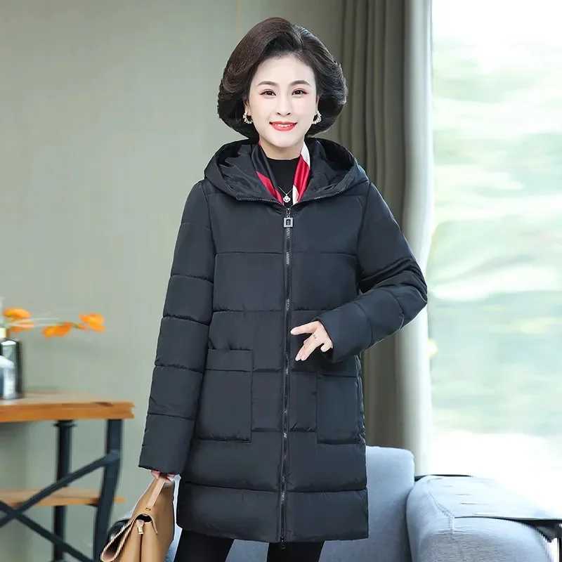 Fashion Mother Outcoat Long Down Cotton Jacket Winter New Middle-Aged Elderly Padded Jacket With Thick Padded Coat With HoodedX241019