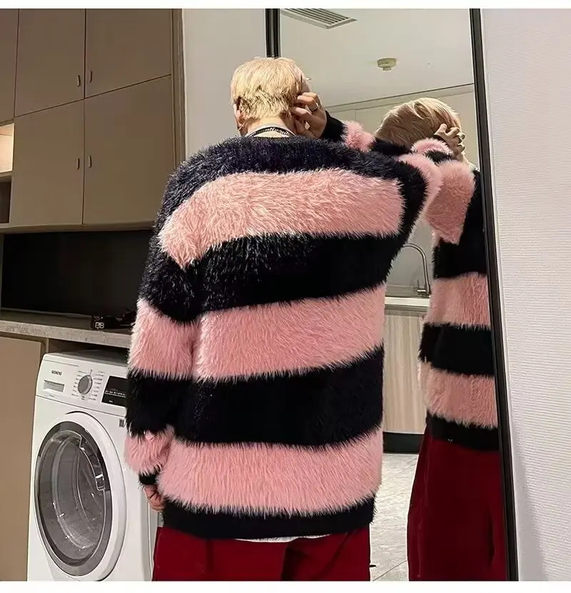 Mens Sweater Striped Contrasting Sweater Mink Fur Japanese Vintage Style Knitted Top Loose Lazy Style Furry Pullover Knitted 241007
