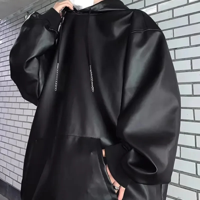 Black Pu Leather Hoodie for Men Spring and Fall Hooded High Street Loose Casual Tshirt Hip Hop Fashion 241019
