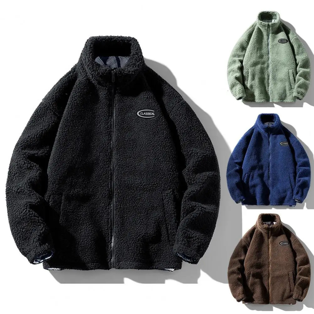 Mens thick jacket thick and warm mens artificial Sherpa jacket rack collar zipper pocket casual and loose suitable for keeping warm in autumn and wint