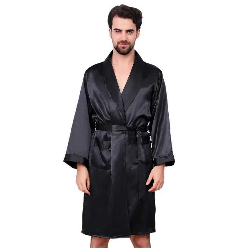 Large Size Men Robe Kimono Bathrobe Gown with Pocket Black Silk Satin Sleepwear Nightwear Spring Summer Homewear 5XL 6XL 7XLXJ241018